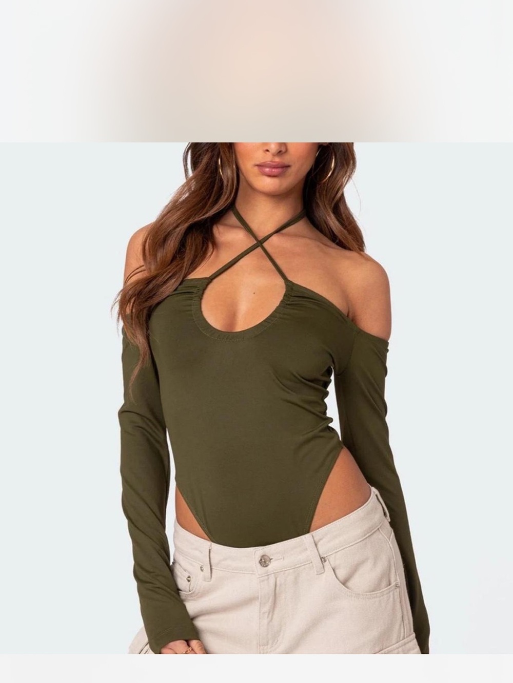 Edikted Olive Green Crisscross Off-Shoulder Bodysuit
